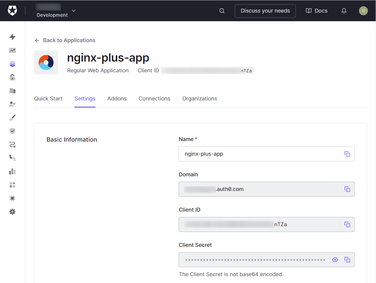 image showing the basic information section of the web application settings in the Auth0 dashboard