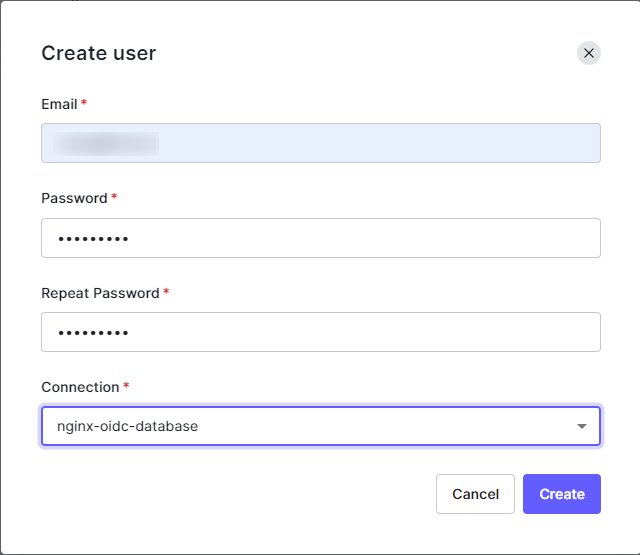 image showing the Create User settings window in the Auth0 dashboard