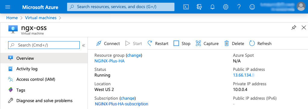 The details page for the 'nginx-oss' VM in Azure