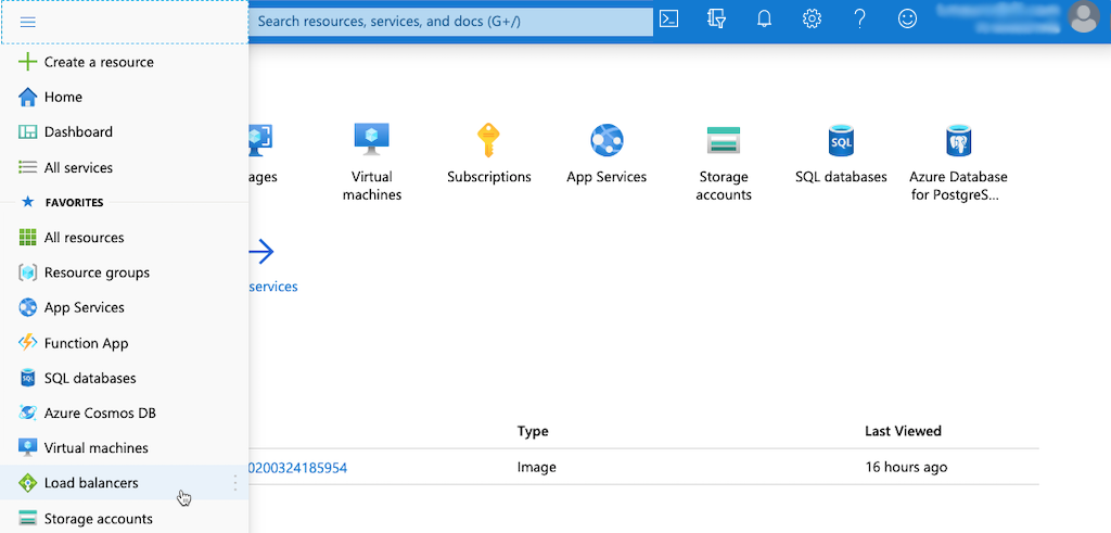Screenshot of navigating to the 'Load Balancers' page in Azure
