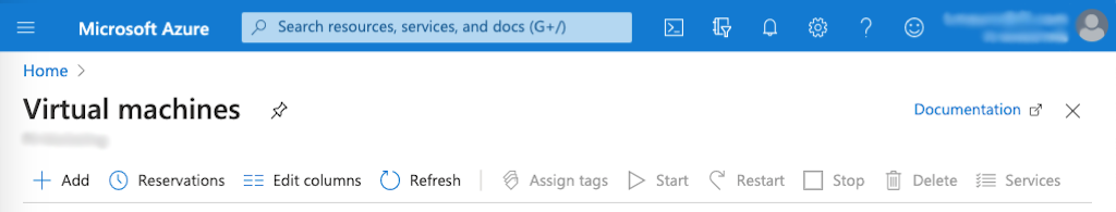 The top of the Virtual machines page, which has a menu of interactive items starting with an Add button