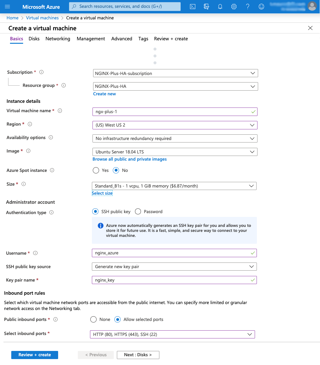 The 'Basics' tab of the 'Create a virtual machine' page, showing the form of parameters to fill