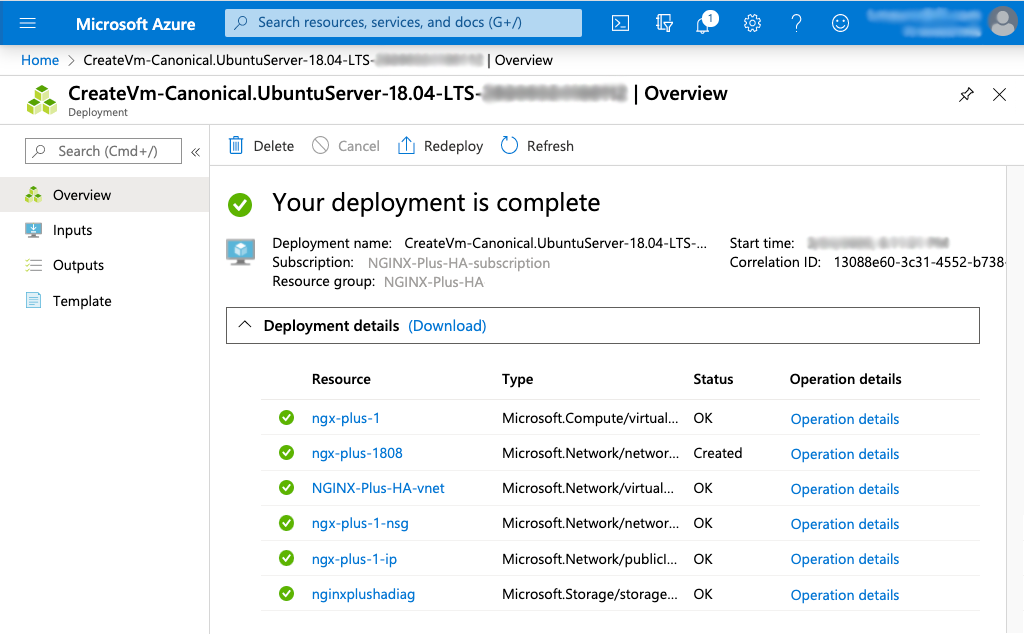 The overview screen of a deployment, showing the resources created during the process