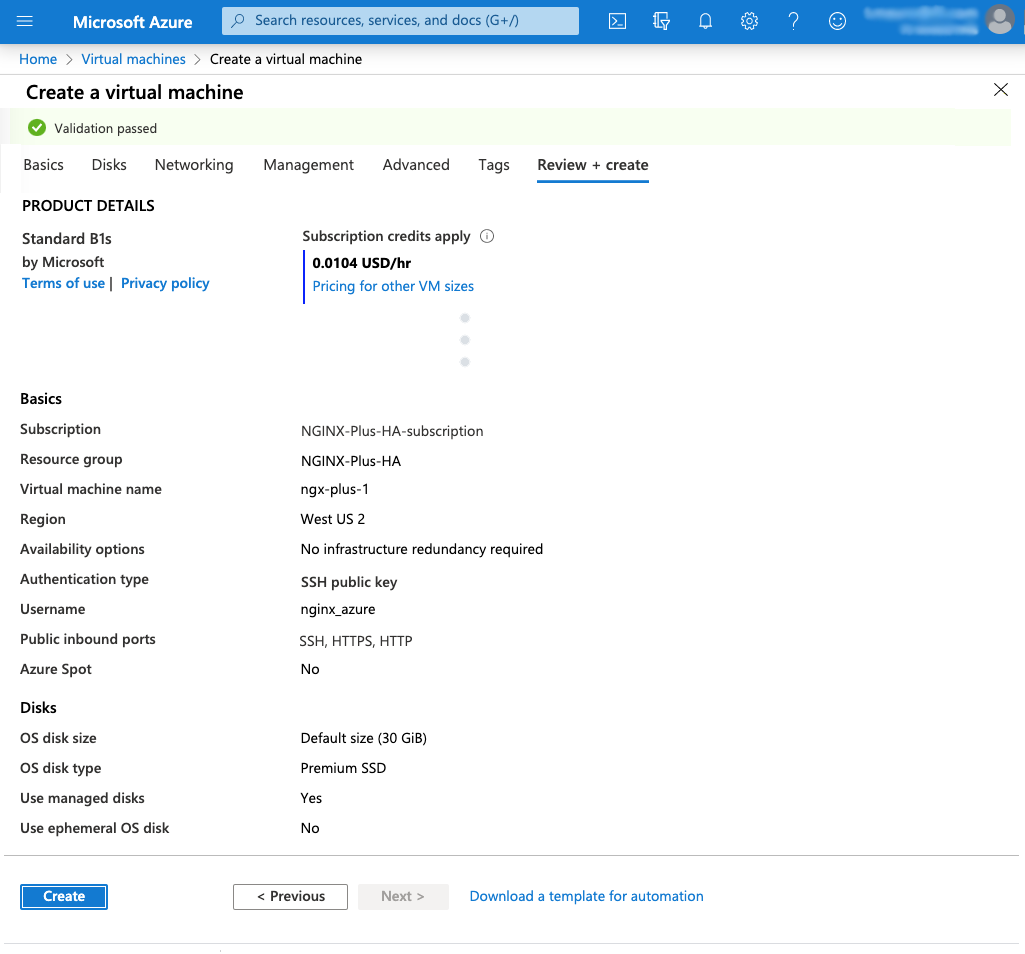 The 'Review + create' tab of the 'Create a virtual machine' page page