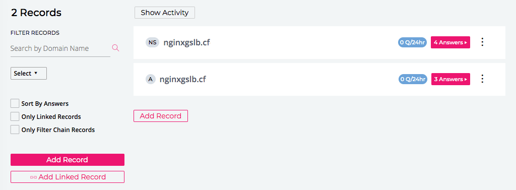 Screenshot of NS1 GUI: NS and A records for nginxgslb.cf