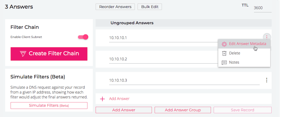Screenshot of NS1 GUI: list of answers for nginxgslb.cf