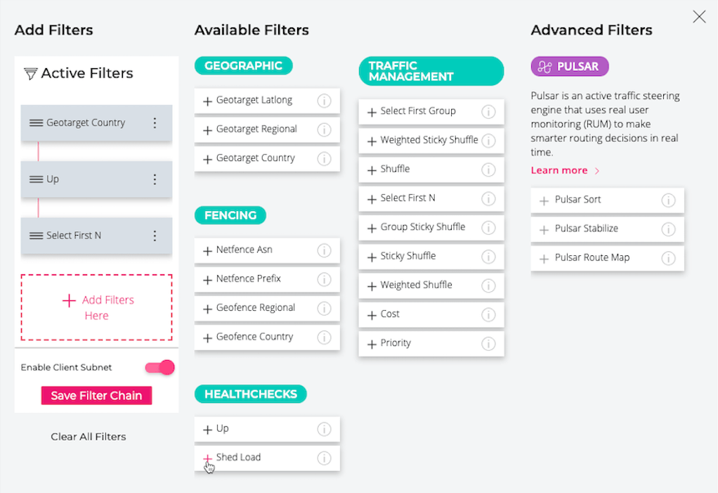 Screenshot of NS1 GUI: clicking Shed Load button on Add Filters page