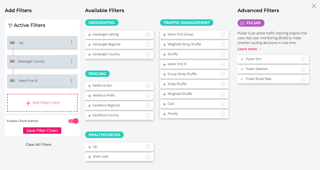 Screenshot of NS1 GUI: Add Filters page with three filters defined