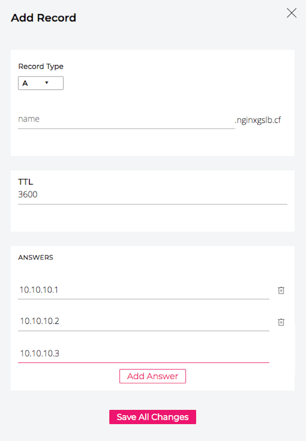 Screenshot of NS1 GUI: Add Record popup