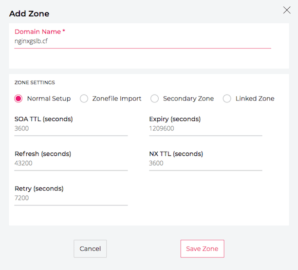 Screenshot of NS1 GUI: Add Zone popup