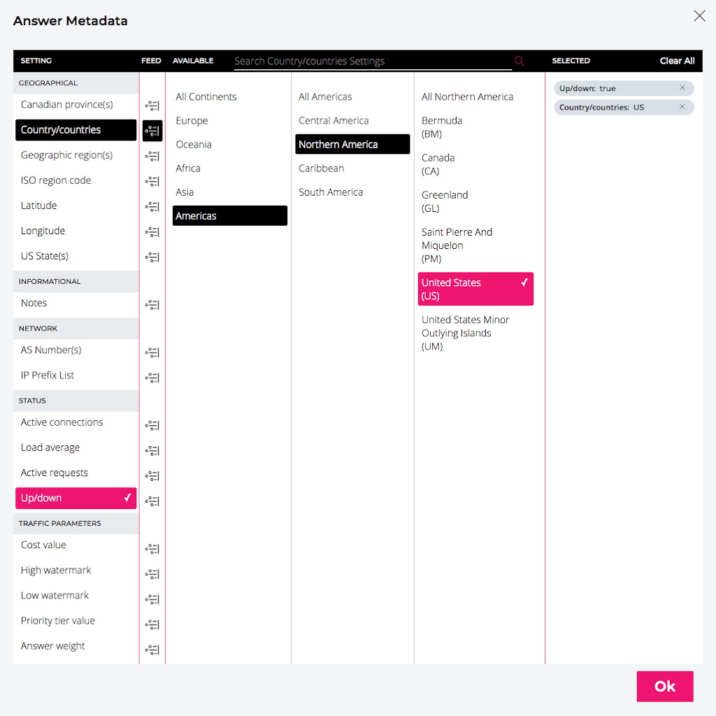 Screenshot of NS1 GUI: setting GEOGRAPHICAL answer metadata