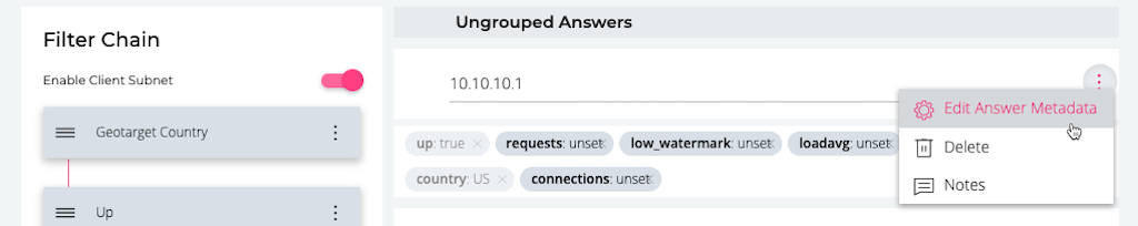 Screenshot of NS1 GUI: clicking Edit Answer Metadata button for shed filter