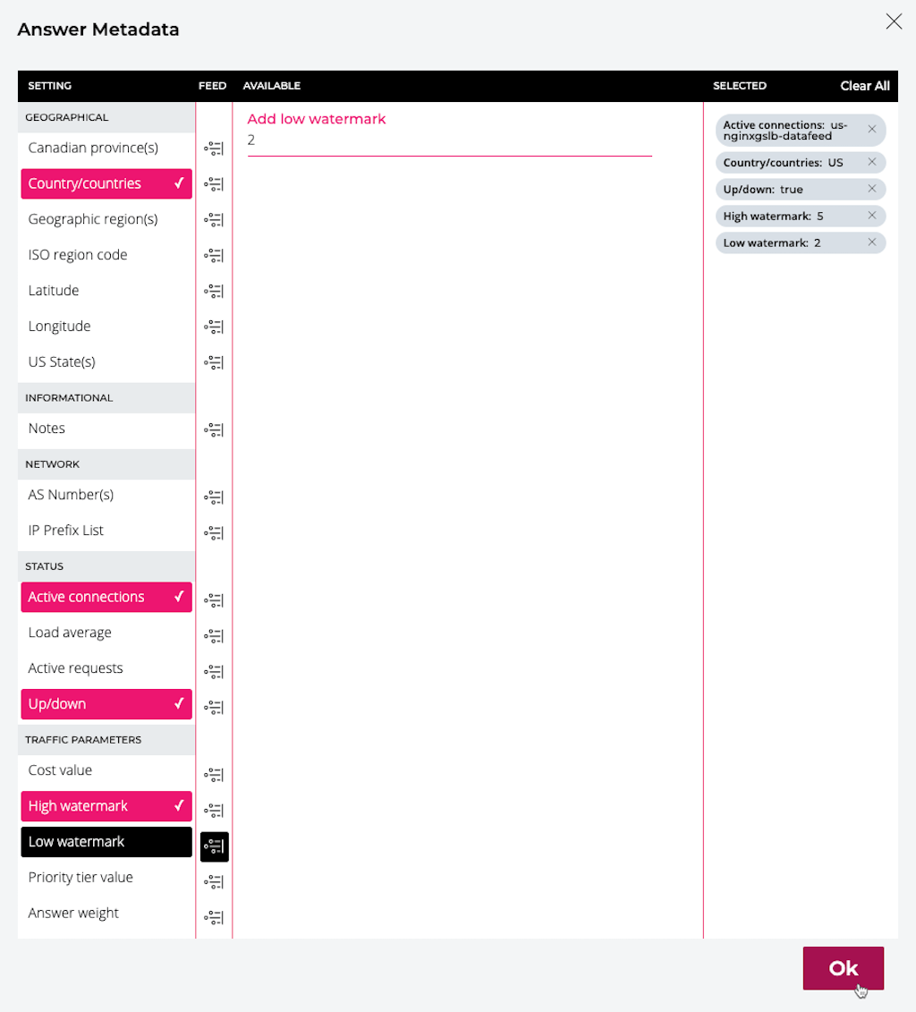 Screenshot of NS1 GUI: Answer Metadata page for shed filter