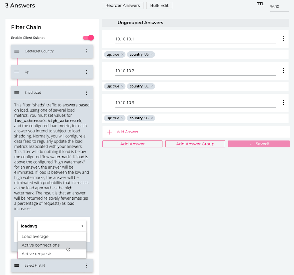 Screenshot of NS1 GUI: selecting Active connections for shed filter